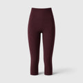 A pair of high-waisted, ankle-length leggings in a deep burgundy color, shown from the back against a light gray studio background.