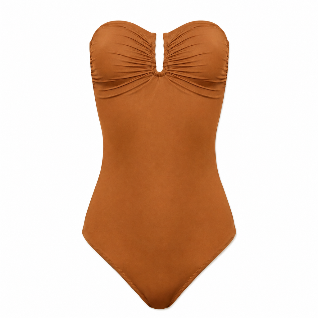 Brown strapless swimsuit on a white background