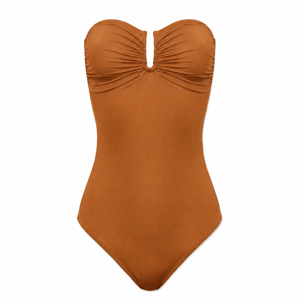 Brown strapless swimsuit on a white background